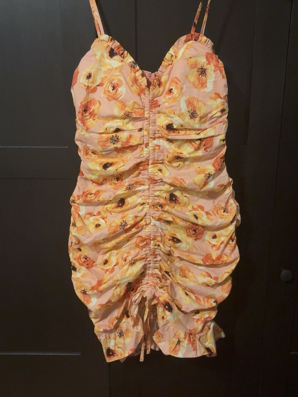 Ruched Floral Spaghetti-Strap Mini Dress in Peach Yellow